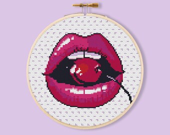 Lips & Cherry Cross-Stitch Pattern, Erotic Needlepoint (PDF Download)