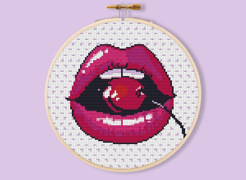 Bright red naughty lips with cherry crossstitch sybju  etsy Bright red naughty lips with cherry crossstitch sybju  etsy