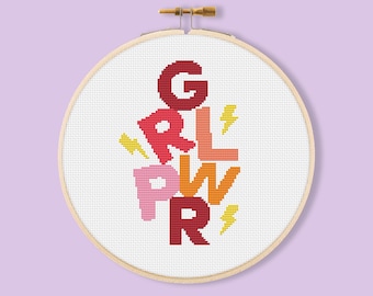 GRL PWR Girl Power cross stitch pattern quote needlepoint embroidery embroidery