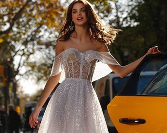 Gorgeous sparkly beaded princess wedding dress made to order, off the shoulder A-line bridal gown in white or grey