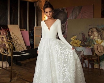 Beautiful white A-line long sleeve wedding dress made to order, gorgeous bridal gown with satin top and A-line lace skirt