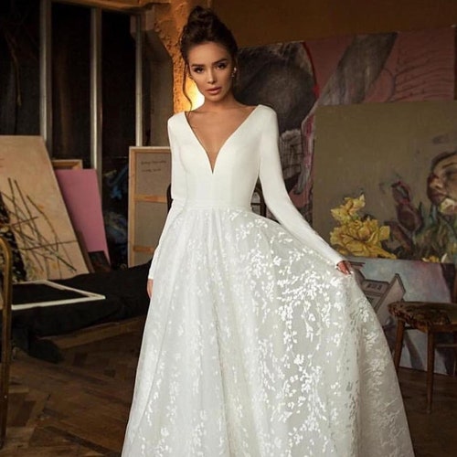 Romantic Long Sleeve Satin Wedding Dress With Tulle Lace - Etsy