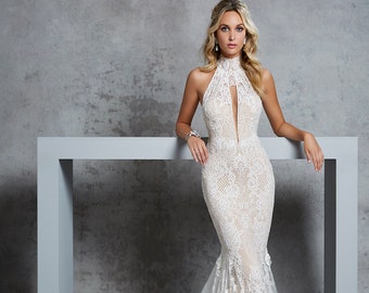 Magical mermaid wedding dress with unique design made order, white bridal gown with turtle neck and plunge cut and sexy open back