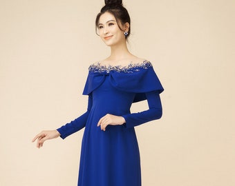 Dark blue custom tailored wedding ao dai, traditional Vietnamese raglan dress for bride | mother of bride | family of bride made to order