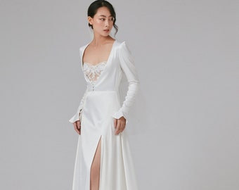 Sexy and elegant minimalist A-line wedding dress made to order, white satin long sleeve bridal gown with slit