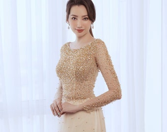Gorgeous gold crystal beaded modern custom tailored wedding ao dai, traditional Vietnamese raglan dress for bride made to order
