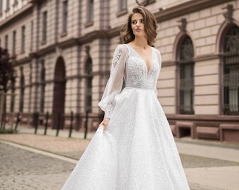 Elegant sparkling princess beaded wedding dress made to order, long sleeve deep V-neck luxury bridal gown with sparkly glittery lace
