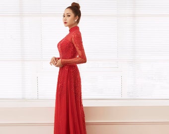 Beautiful red lace with beading Vietnamese wedding ao dai, traditional Vietnamese dress for bride made to order with or without headpiece