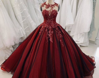 Unique red vintage princess wedding dress made to order, gorgeous red bridal ball gown with beautiful beading and floral appliques