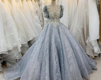 Blue/purple wedding dress with silver details made to order, beautiful princess ball gown for a fairy tail wedding