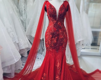 Stunning bright red wedding dress with elegant cape veil made to order, red bridal gown with plunge neck | with or without matching veil