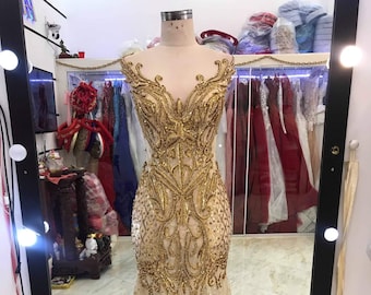 Gorgeous golden beaded lace evening dress made to order, sexy gold bridal gown | evening gown | prom dress with illusion back