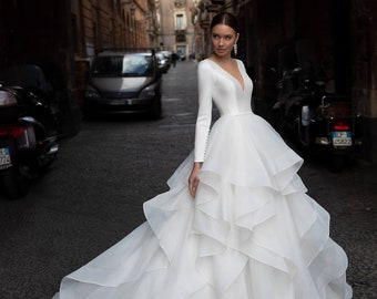 Gorgeous long sleeve half satin half tulle wedding dress made to order, beautiful and elegant white princess bridal gown