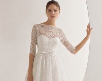 Midi length wedding dress made to order, short wedding dress | bridal gown | reception dress with beautiful half lace sleeves and lace back