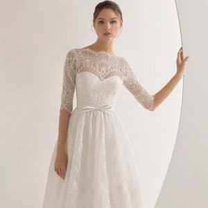 Midi length wedding dress made to order, short wedding dress | bridal gown | reception dress with beautiful half lace sleeves and lace back