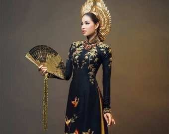 Beautiful inspired Pham Huong traditional Vietnamese ao dai custom made to order, black or white Vietnamese Pham Huong ao dai