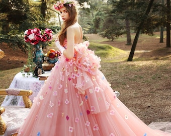 Dreamy pink princess wedding dress made to order, strapless pink bridal ball gown with colorful little flowers and big bow at the back