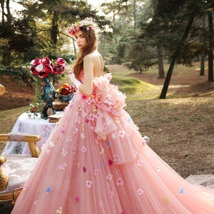 Dreamy pink princess wedding dress made to order, strapless pink bridal ball gown with colorful little flowers and big bow at the back image 1