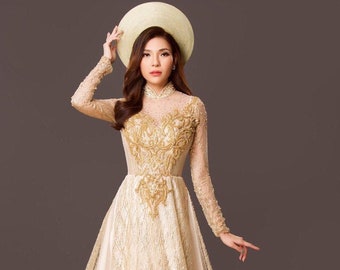 Beautiful gold beading wedding ao dai with matching gold headpiece, traditional Vietnamese ao dai for bride made to order