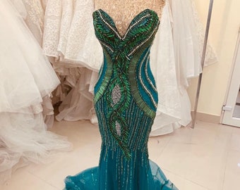 Luxury green beaded evening /  prom / wedding mermaid dress made to order, strapless sparkling green evening dress