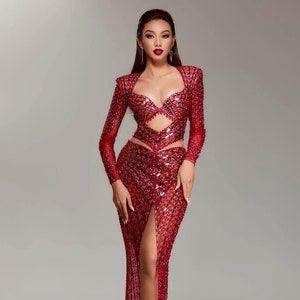 Luxury red beaded evening / prom mermaid long sleeve dress made to order, sexy diamond neck sparkling red evening dress