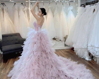 Beautiful strapless blush princess wedding dress with slit made to order, off the shoulder princess blush pink | purple bridal gown