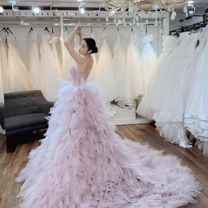 Beautiful strapless blush princess wedding dress with slit made to order, off the shoulder princess blush pink | purple bridal gown