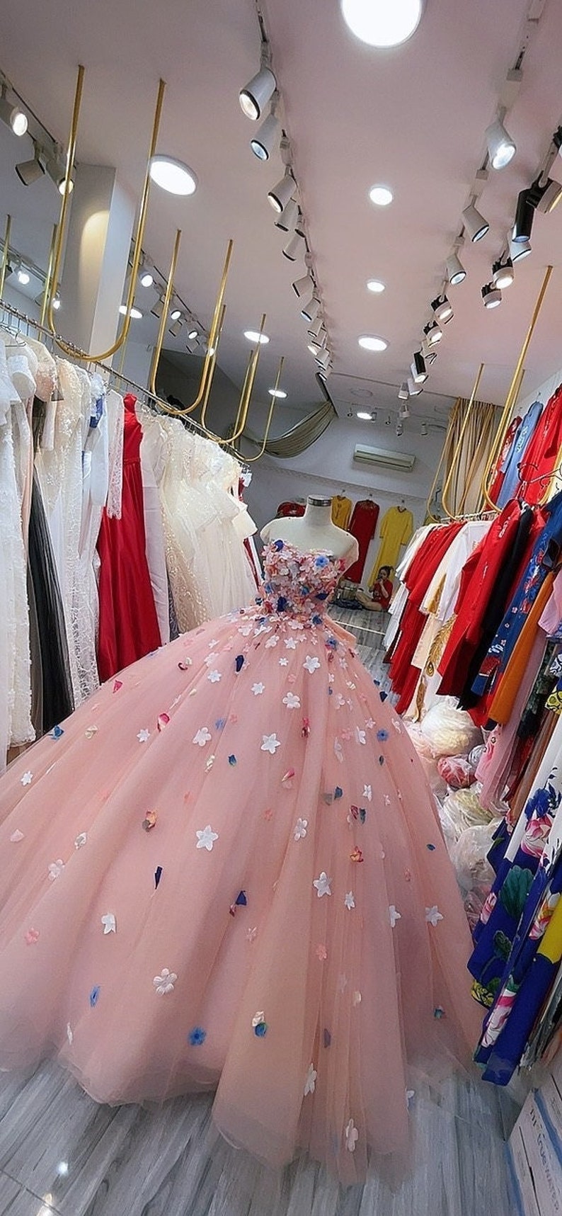 Dreamy pink princess wedding dress made to order, strapless pink bridal ball gown with colorful little flowers and big bow at the back image 3