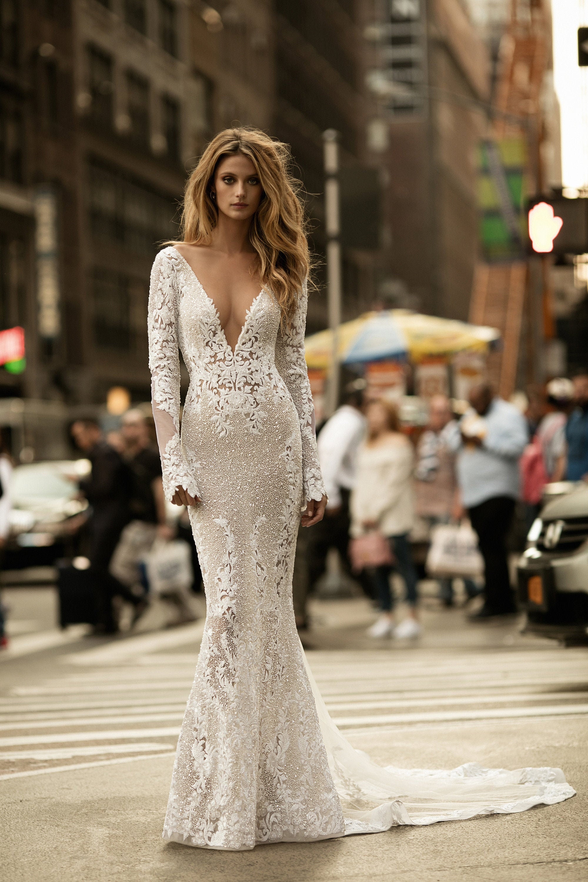 Sexy Long Sleeve Plunge Neck Sparkling Lace Berta Inspired Wedding