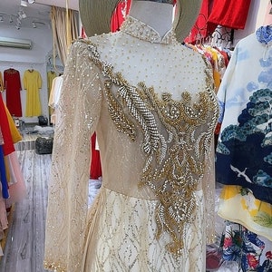 Beautiful gold beading wedding ao dai with matching gold headpiece, traditional Vietnamese ao dai for bride made to order image 5