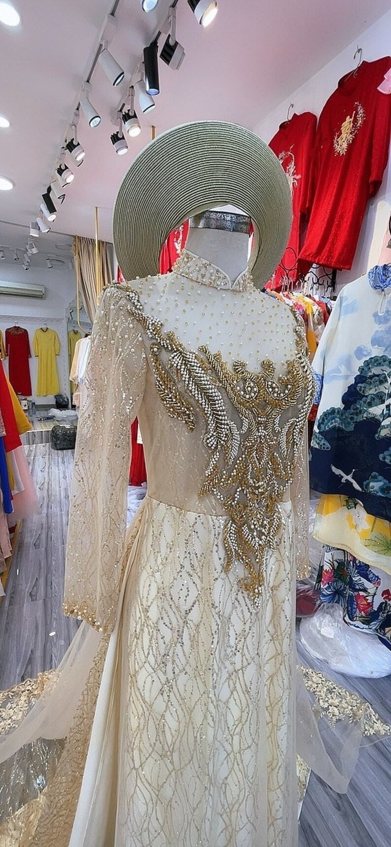 Beautiful gold beading wedding ao dai with matching gold headpiece, traditional Vietnamese ao dai for bride made to order image 5