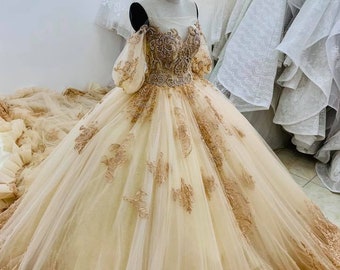 Princess yellow/gold beauty and the beast wedding dress made to order, off shoulder golden princess bridal gown for a fairy tail wedding