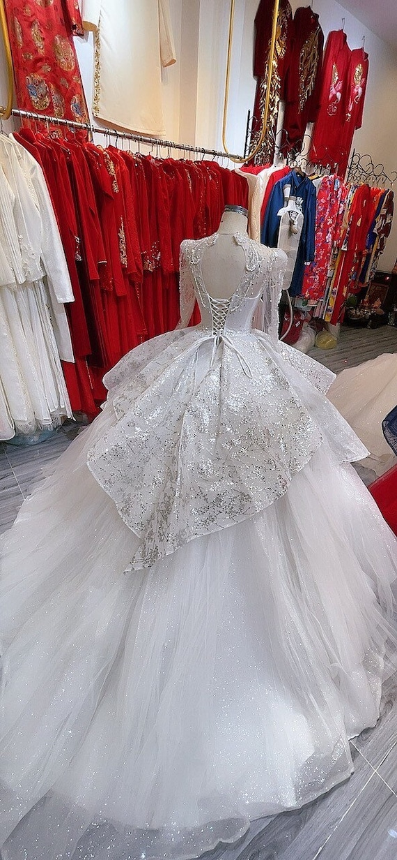 Elegant Crystal Sparkle Ball Wedding Dresses Beading With Detachable Back  Train