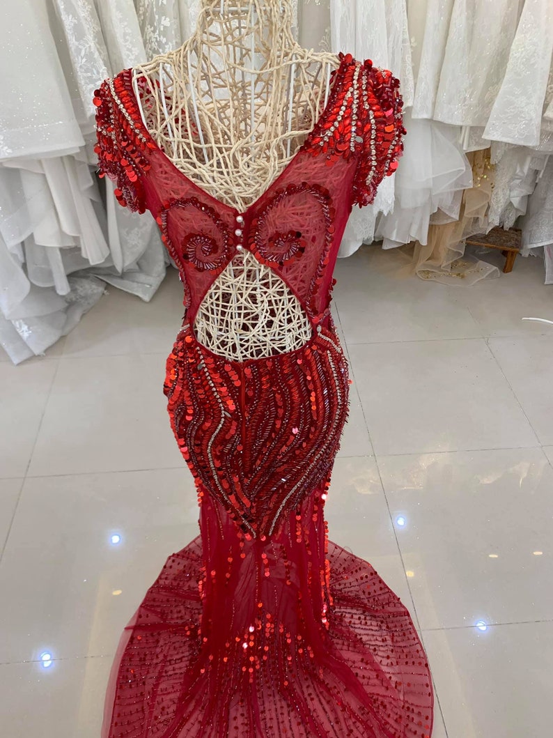 Beautiful Beaded Prom Dress Red Chiffon Mermaid Evening Dress Party Gown Y7527 main image 1