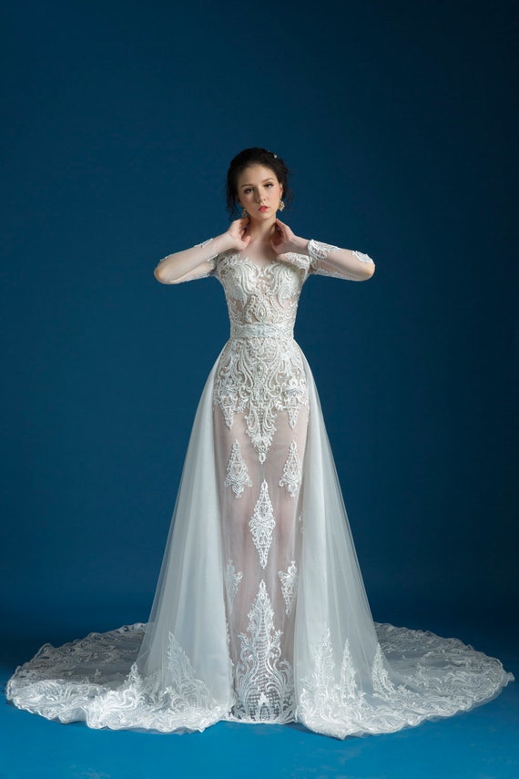 Elegant 2 in 1 Sheath Lace Wedding Dress With Detachable Train