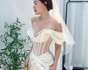 Sexy and elegant white silk satin off the shoulder wedding dress with big train made to order