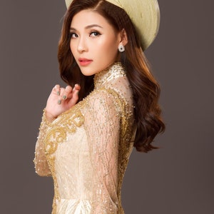 Beautiful gold beading wedding ao dai with matching gold headpiece, traditional Vietnamese ao dai for bride made to order image 4