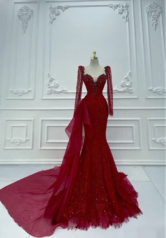 Elegant Strapless Mermaid Red Long Prom Dresses with Train, Mermaid Re –  Shiny Party