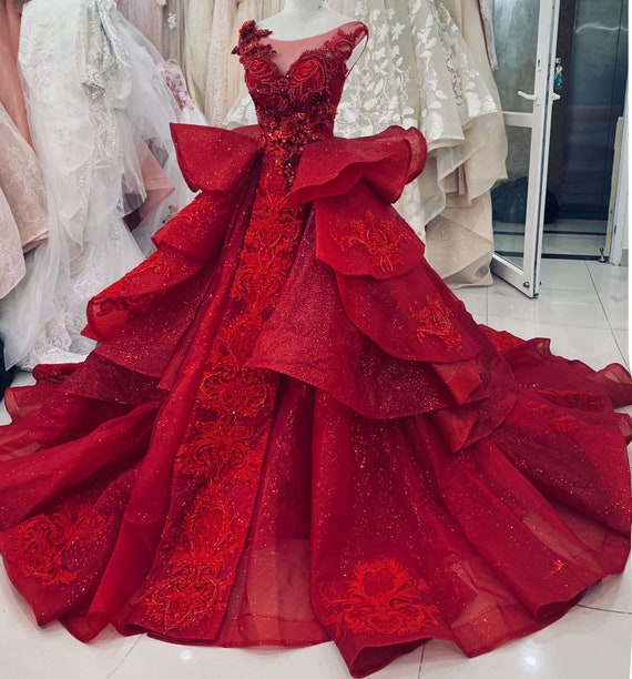Princess red long sleeves puffy shoulders beaded sparkle ball gown wedding  dress with glitter tulle - various styles