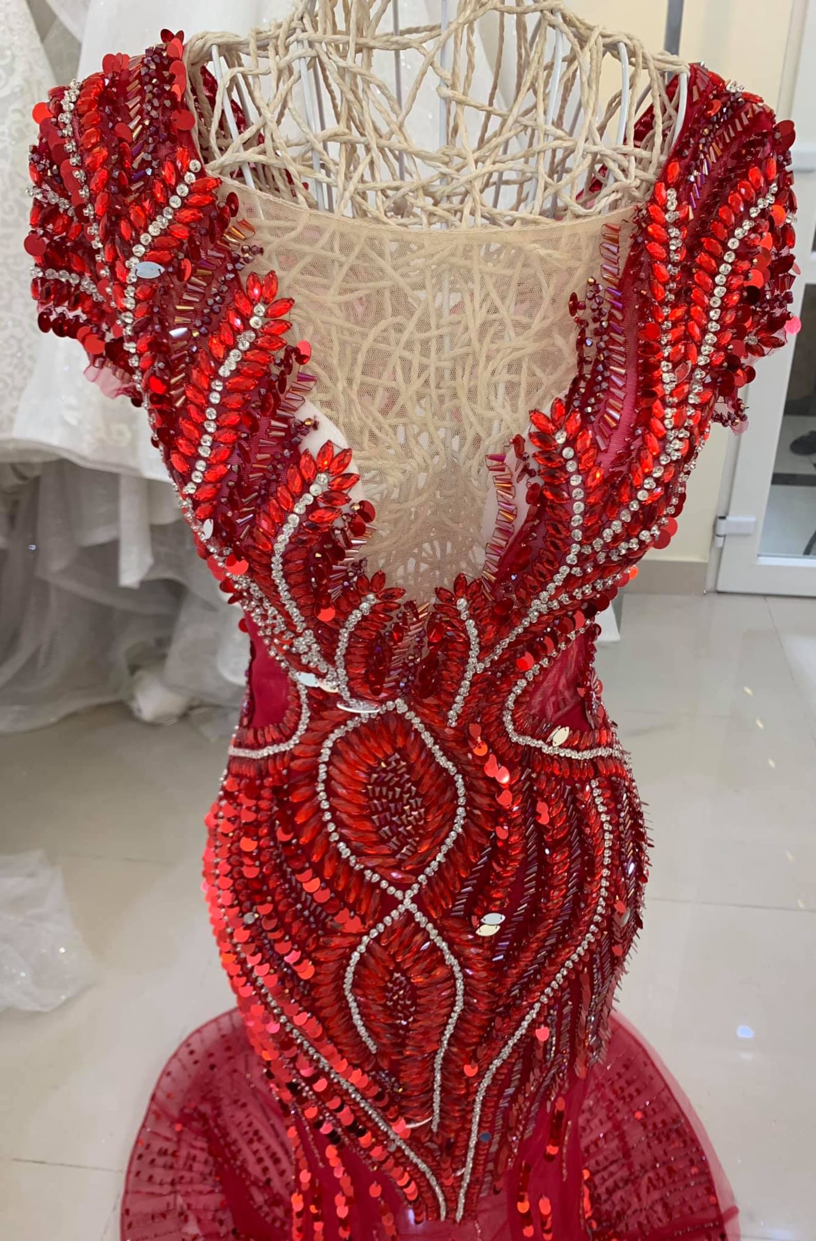 Red Embroidered Print with Beaded Mermaid Dress