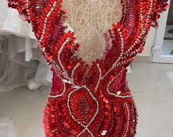 Luxury red beaded evening / prom mermaid dress made to order, sexy deep V neck sparkling red evening dress