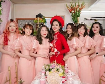 Blush pink bridesmaid Vietnamese ao dais in various styles