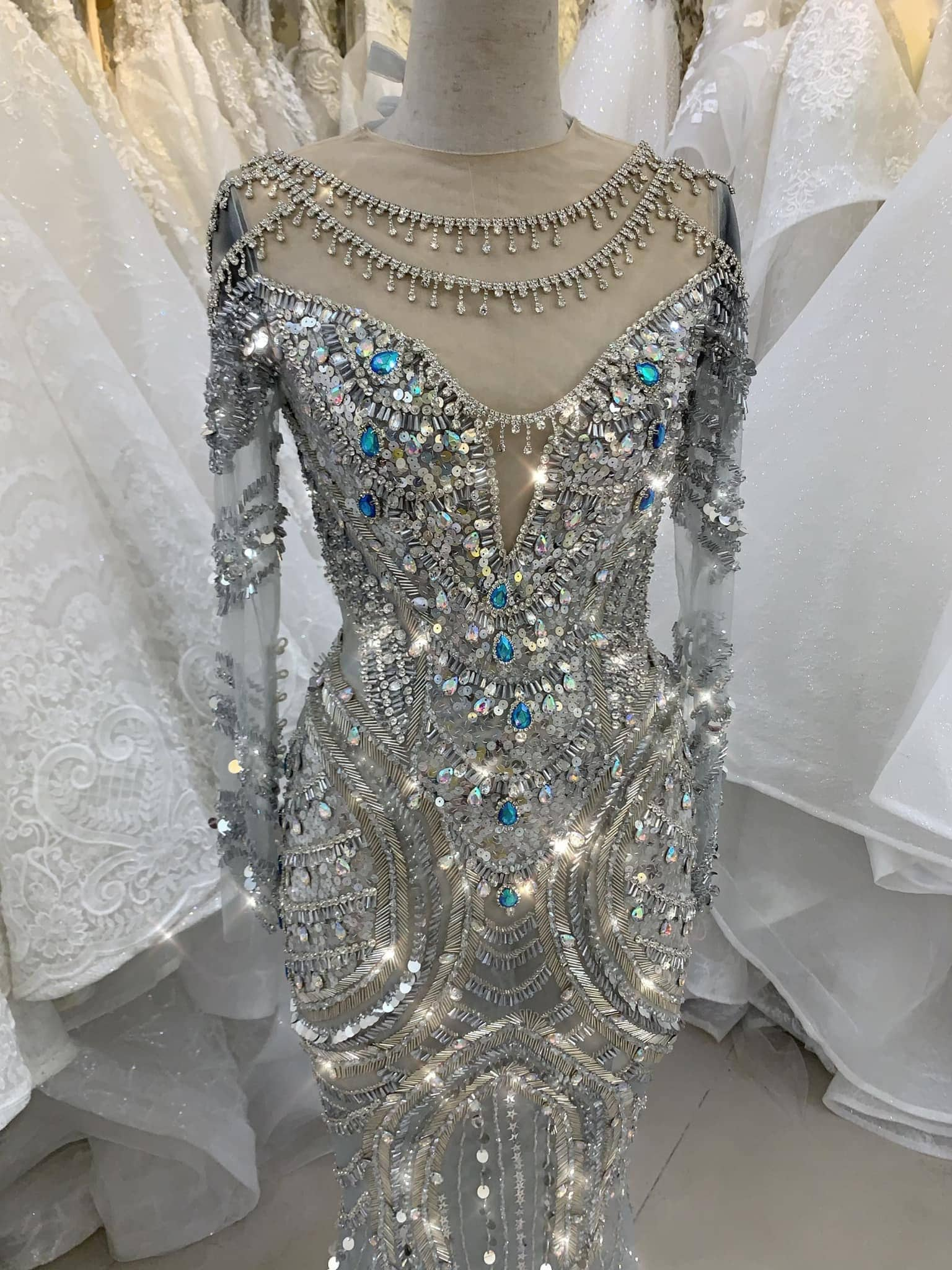 Sparkly Crystals Fancy Queen Sheath Wedding Dress Made to Order, Long  Sleeve Heavily Beaded Gown With Blue/emerald Green/white Gemstones 