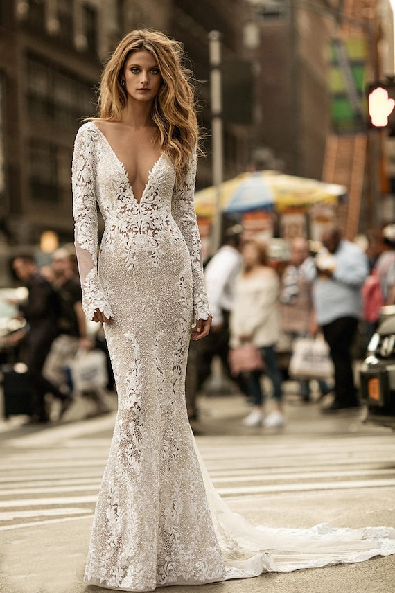 Sexy Long Sleeve Plunge Neck Sparkling Lace Berta Inspired Wedding Dress  Made to Order, Beautiful Mermaid Bridal Gown With Low Back 