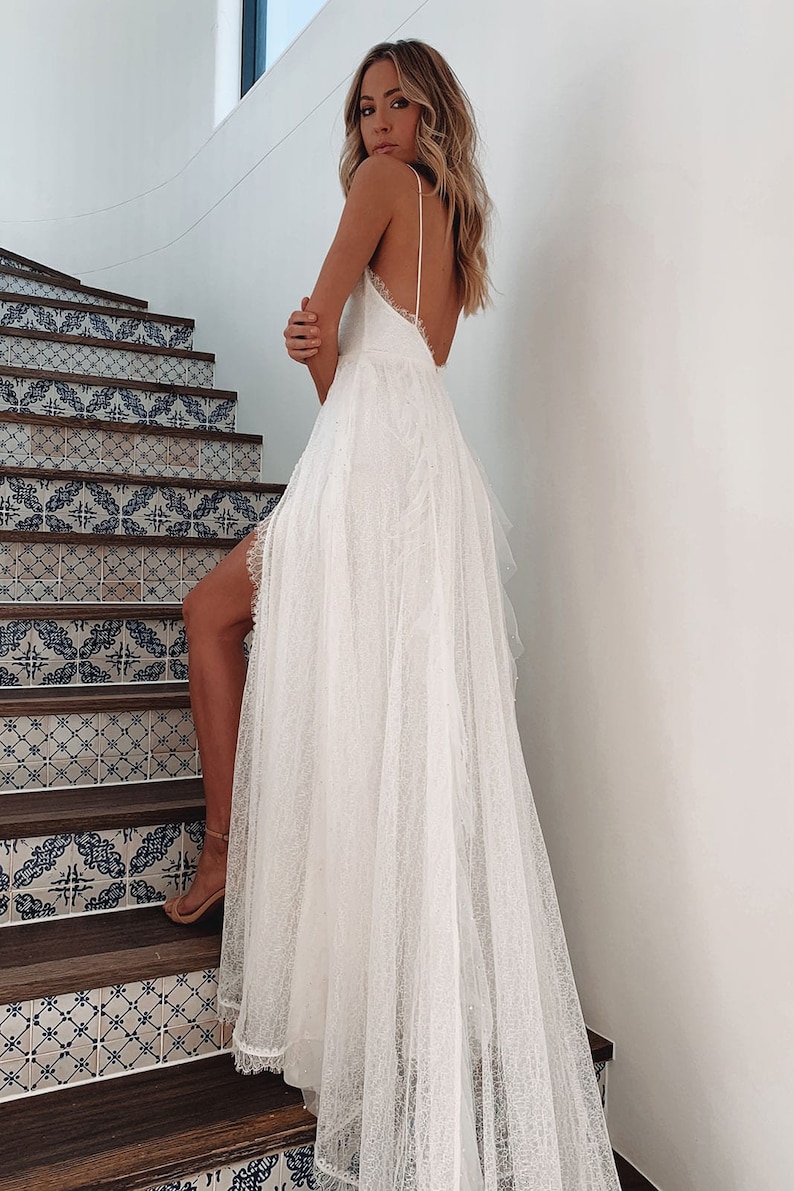 ALine Boho Lace Wedding Dress W/ High Leg Slit