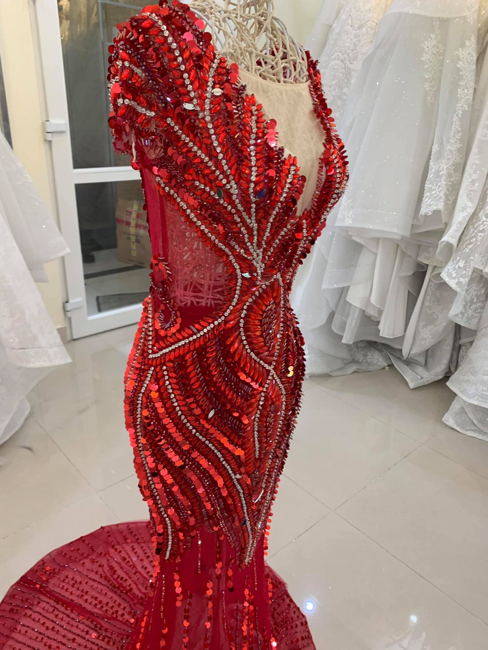 Beautiful Red Chiffon Beaded Appliques Prom Dress Mermaid Party Evening Dress cc1960 main image 1