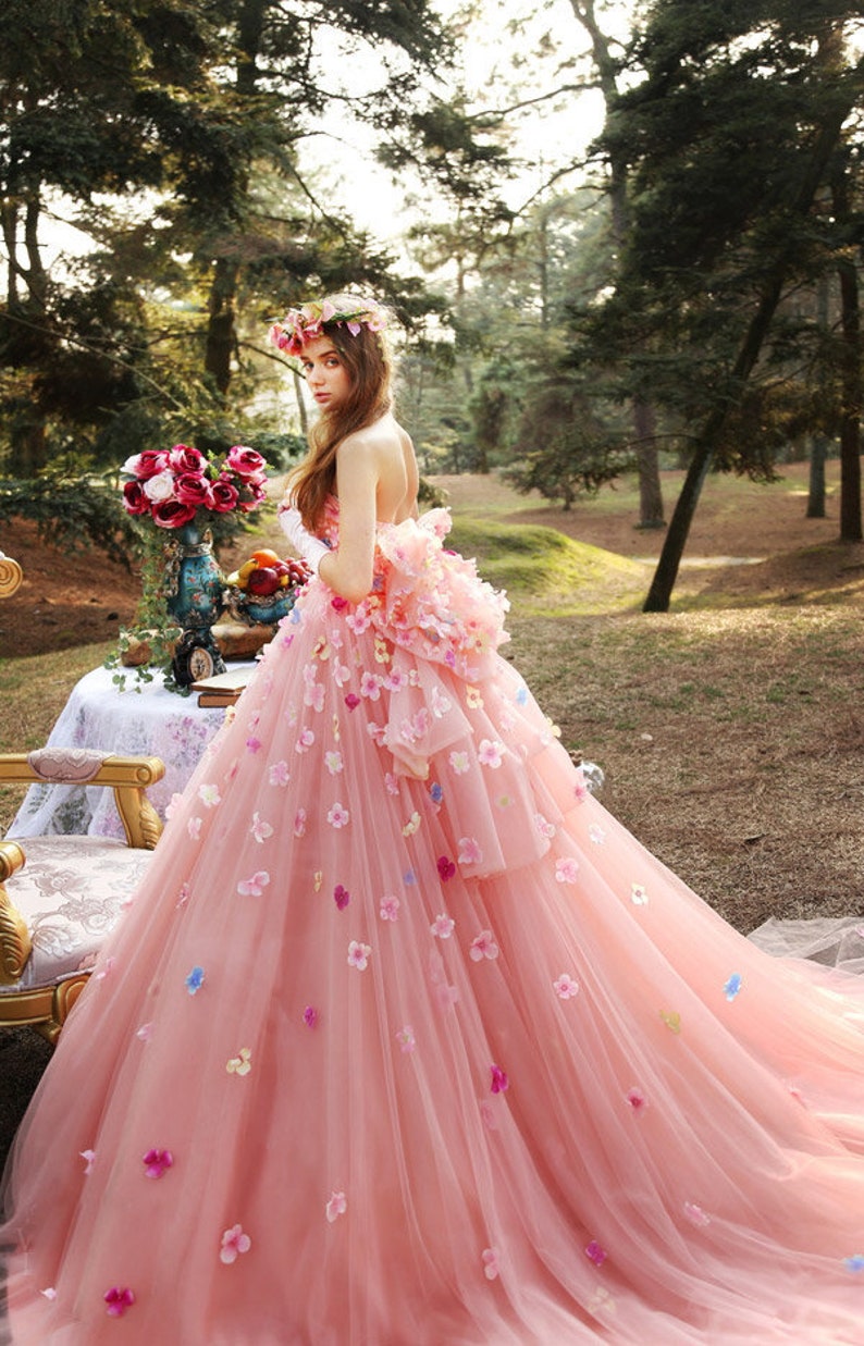 Dreamy pink princess wedding dress made to order, strapless pink bridal ball gown with colorful little flowers and big bow at the back image 1