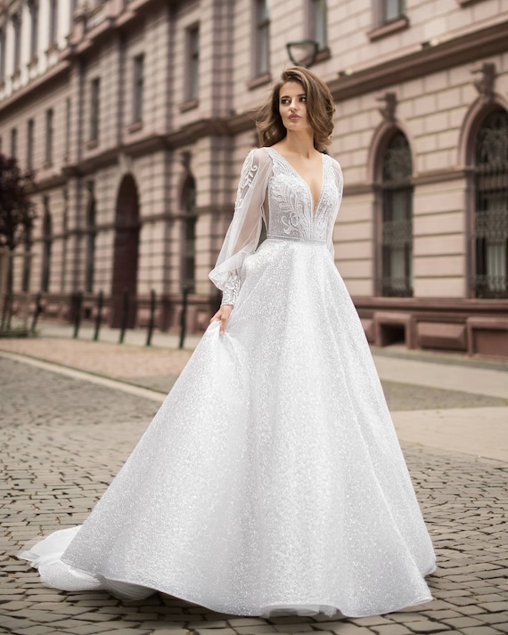 Unique Crystal Sparkling Lace Princess Wedding Dress Made to Order, Luxury  Beaded Long Sleeve Bridal Gown for a Fairy Tail Wedding 