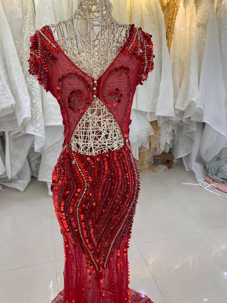 Vintage Red Embroidery Prom Dress Beaded Mermaid Evening Dress Long Formal Dress DP6634
