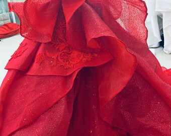 Organza Fabric LOOGOOL Creative Wave Edge Lace Pleated Ruffle Red Organza  Fabric by The Yard Perfect for Wedding Bridal Dress 5x35